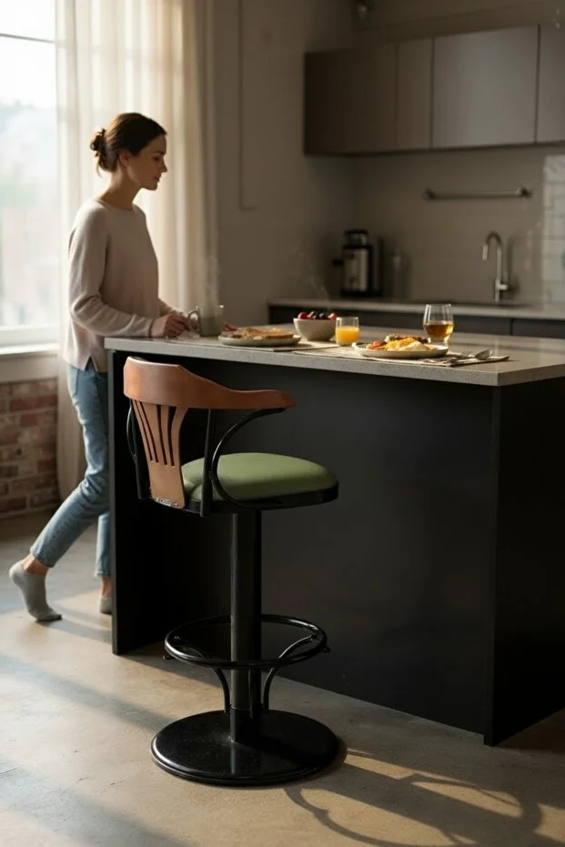 Dönerli Bar Sandalyesi – Yeşil Deri Oturum, İnegöl Ceviz Sırt 75 cm Yükseklik